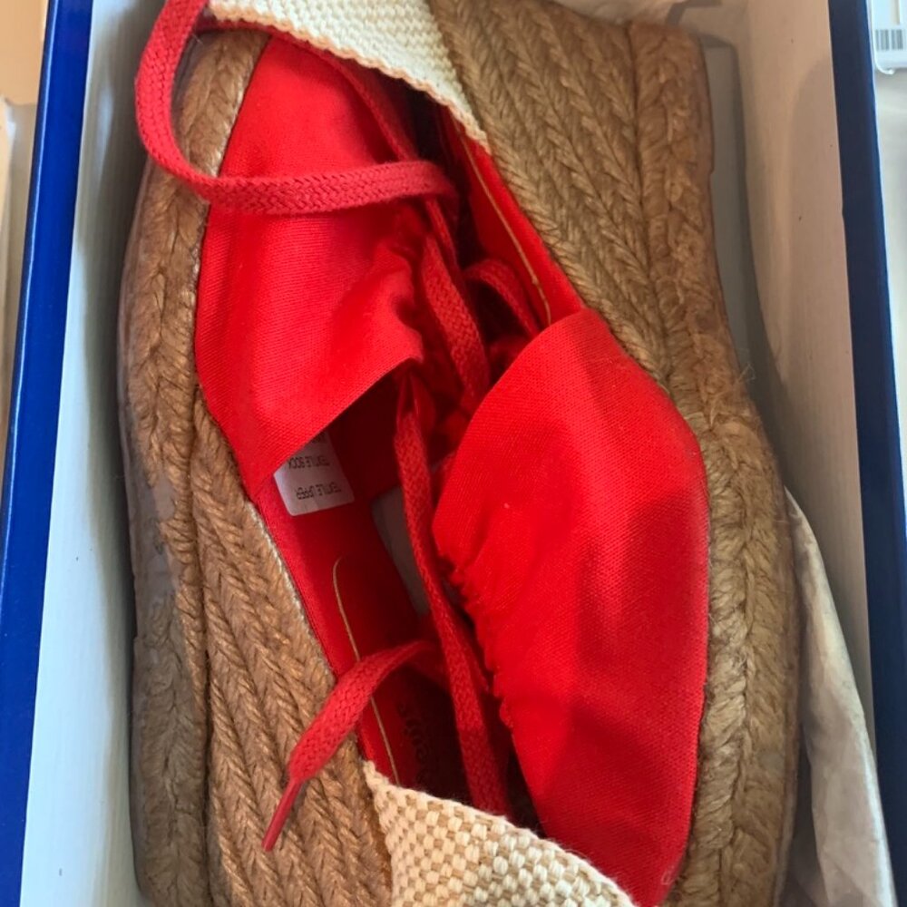 Red Canvas Wedge Shoes With Ankle Ties Size 8